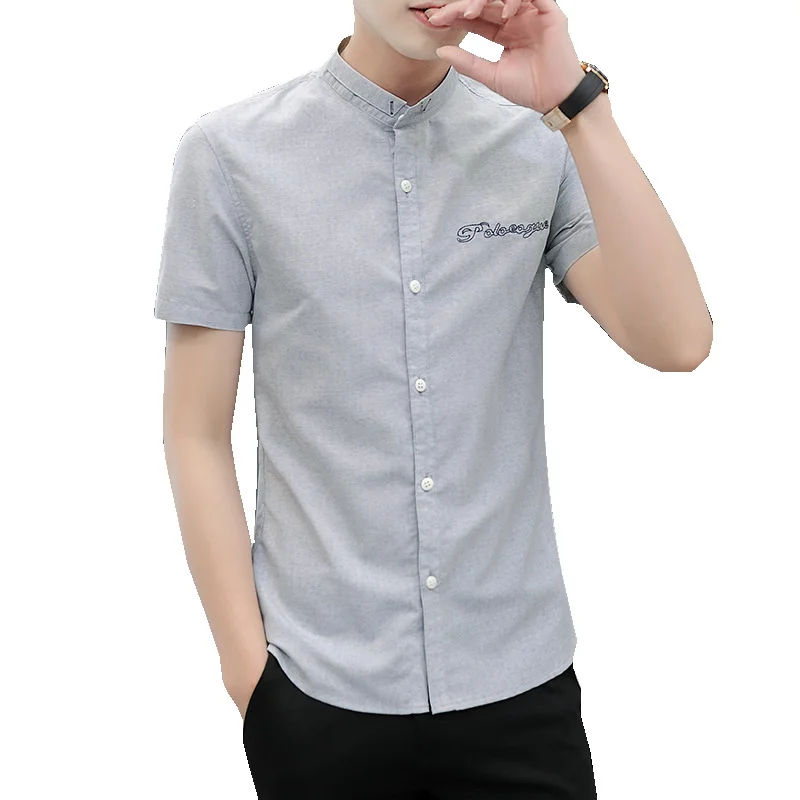 

Summer Men's T-shirt Round Neck Short Sleeve Youth Stand-UP Collar Breathable Embroidered Solid Color Korean Version Casual