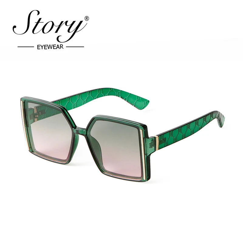 STORY Retro Fashion Green Square Sunglasses Women 2021 Luxury Brand Designer Trendy Leopard Oversized Sun Glasses Female S4426