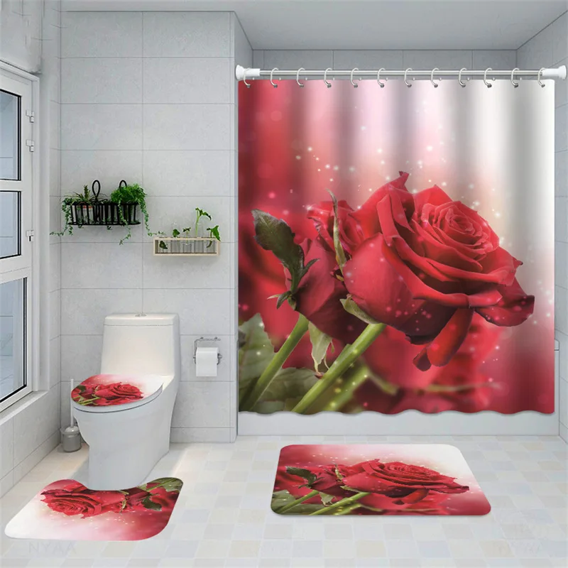 Red Rose shower curtain waterproof home bathroom shower curtain and rug sets anti-skid pad gothic decor shower curtain floral