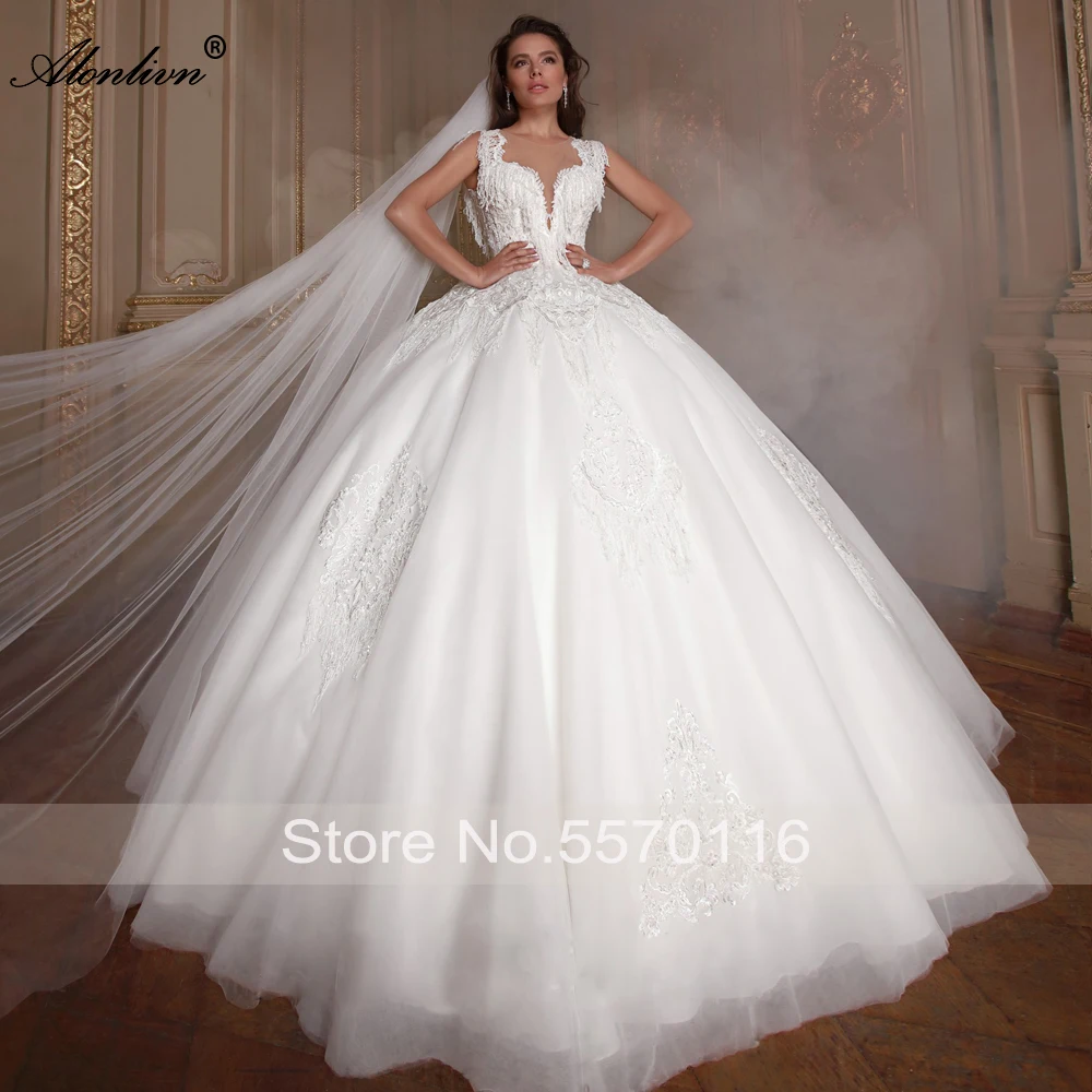 

Alonlivn Luxury Beading Crystals Tassels Embroidery Puffy Ball Gown Wedding Dresses Chapel Train Princess Bride Gowns