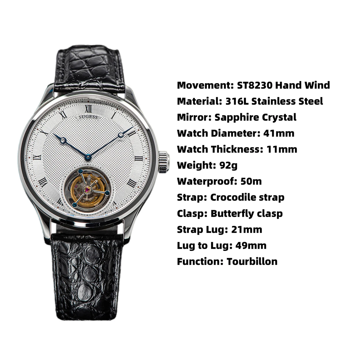 Sugess-Vintage Tourbillon relógio de pulso masculino, genuíno movimento Tianjin, relógio mecânico, esqueleto vintage, elegante couro de crocodilo,