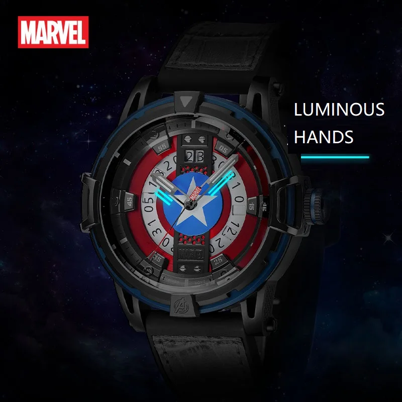 Disney Marvel Captain America Shell Mens Swiss RONDA Quartz Movement Casual Wristwatch Sapphire Crystal 5 Bar Luminous Calendar