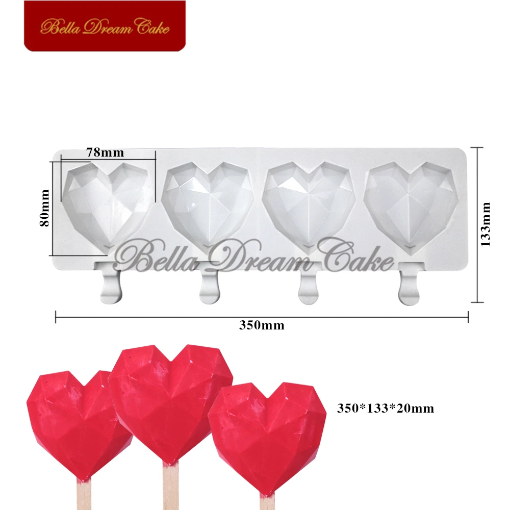 4 Cavity Diamond Love Heart Ice Cream Silicone Mold Chocolate Popsicle Cake Mould Cake Decorating Tools Baking Accessories