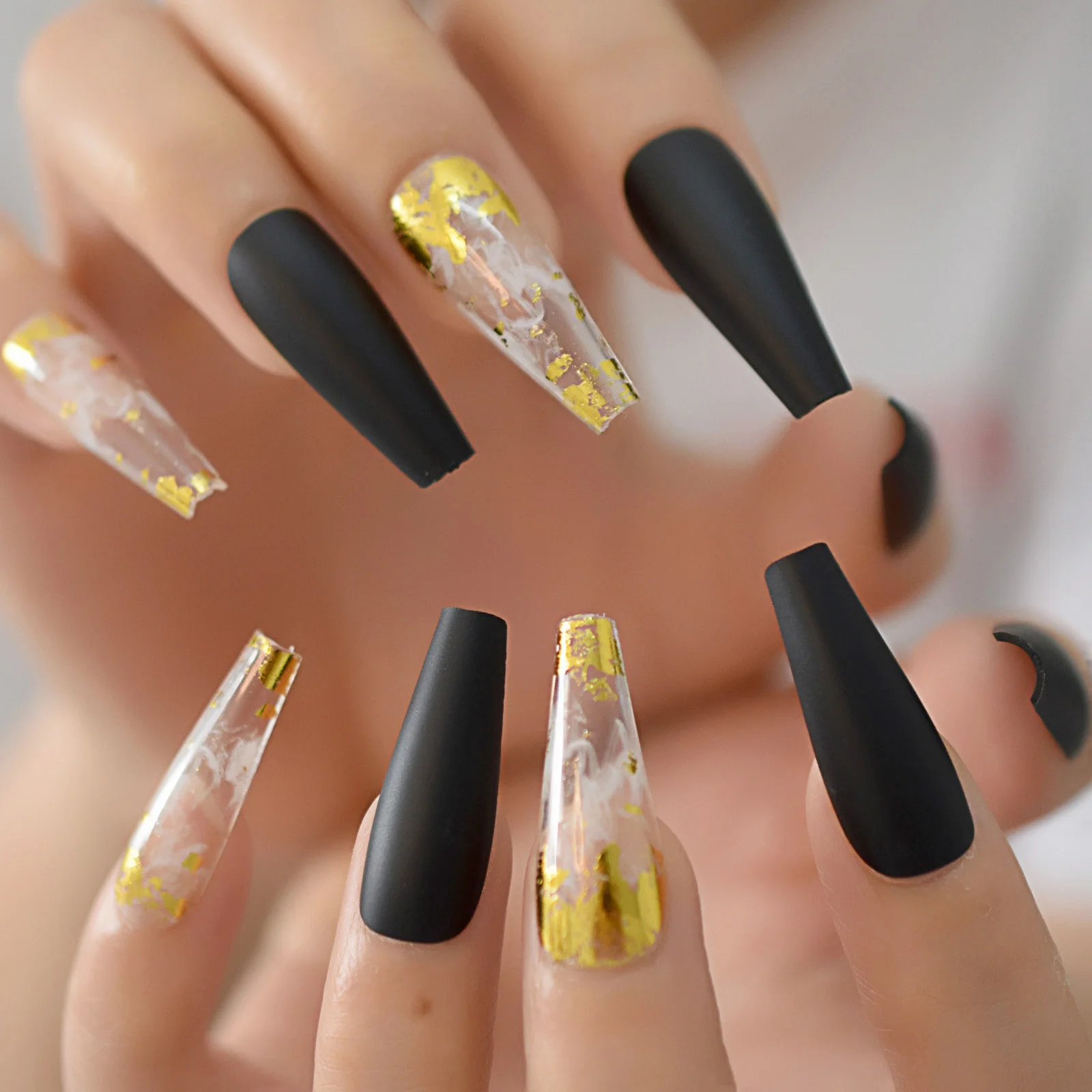 Smoke Cloud Pattern Press on Gold Foil French Coffin False Nails Matte Black Crystal Super Long Fake Ballet Nail Reusable Wear