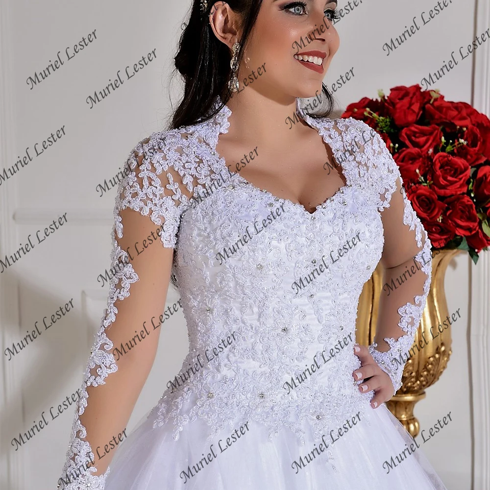 Vestidos de novia bohemios con cuello de pico para mujer, vestidos de novia de manga larga con apliques, vestidos de novia de tul hinchados, vestidos de novia blancos de encaje 2022