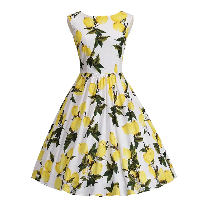 Big Size 4XL Lemon Print Summer Vintage Dress Sleeveless Cotton Women Pin Up Retro Dress Elegant Party Vestidos Office Dresses