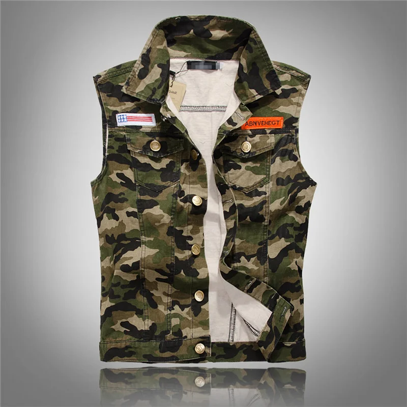 

New Autumn Men's Camouflage Denim Vests Military Sleeveless Jeans Jackets Fashion Casual Male Vest Camo Waistcoats Homme M-5XL