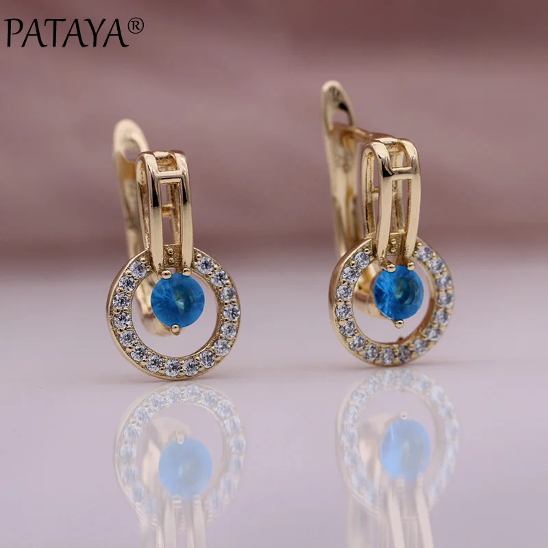 PATAYA New Sea Blue Round Natural Zircon Dangle Earrings Women Hollow Unique Earring 585 Rose Gold Color Fine Fashion Jewelry