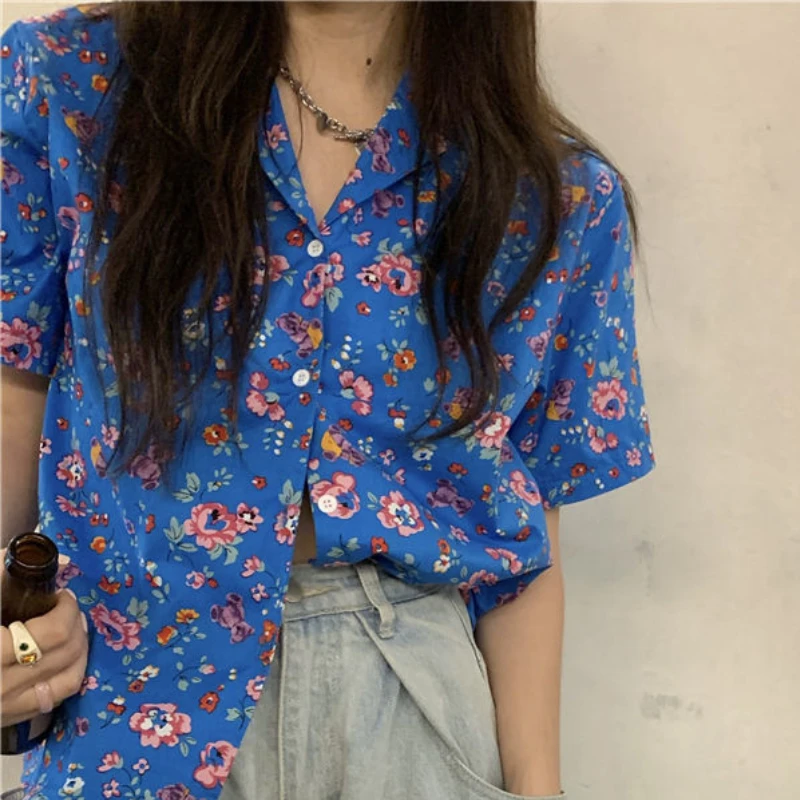 Shirts Women Floral Summer Fashion Elegant Retro Casual Korean Style Holiday All-match Chic Streetwear College Female Tops Soft