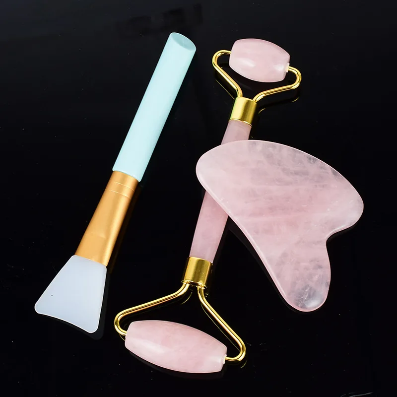 3PCS/Set Rose Quartz Jade Roller Gua Sha Scraper Mask Brush Jade Facial Massager Natural Guasha Stone Face Lift Skin Care Tools