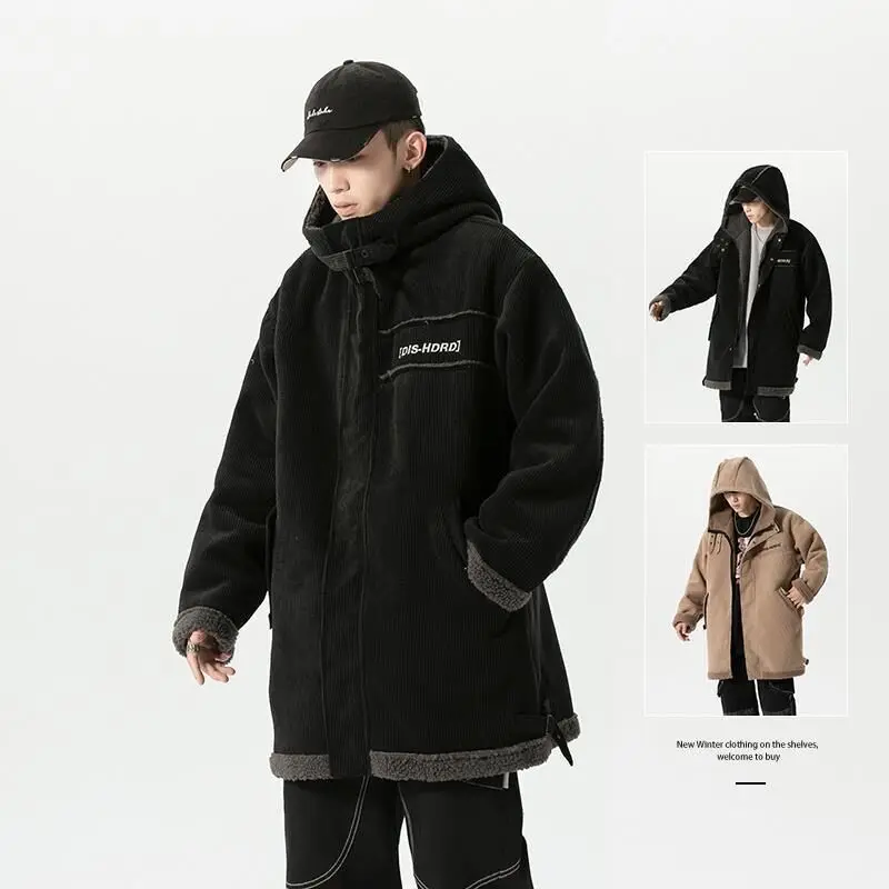 

Cotton padded men's and women's winter thickened medium and long hat corduroy coat large lamb cashmere men's coat