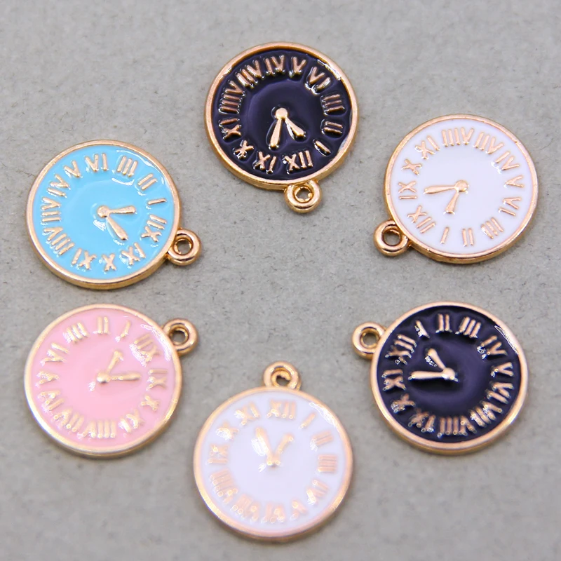 6PCS/Lot 15*17mm Fashion Small Clock Shape Charms  Gold Color Tone Enamel DIY Bracelet Floating Charms