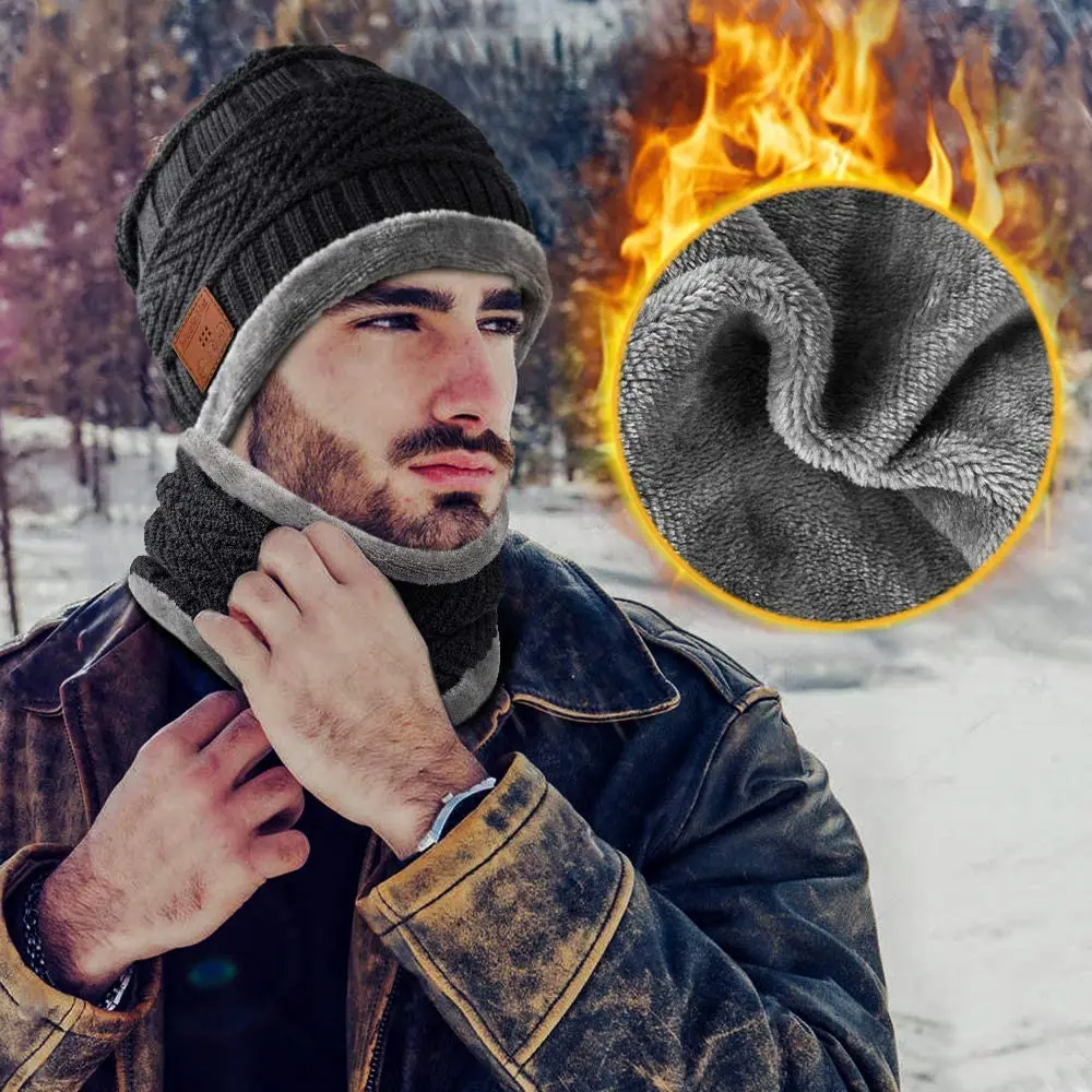 Bluetooth Beanie with Scarf, Beanie Cap Rechargeable with Wireless Hands Free Head Hat Winter Warm Knit Cap with Scarf, Chritmas