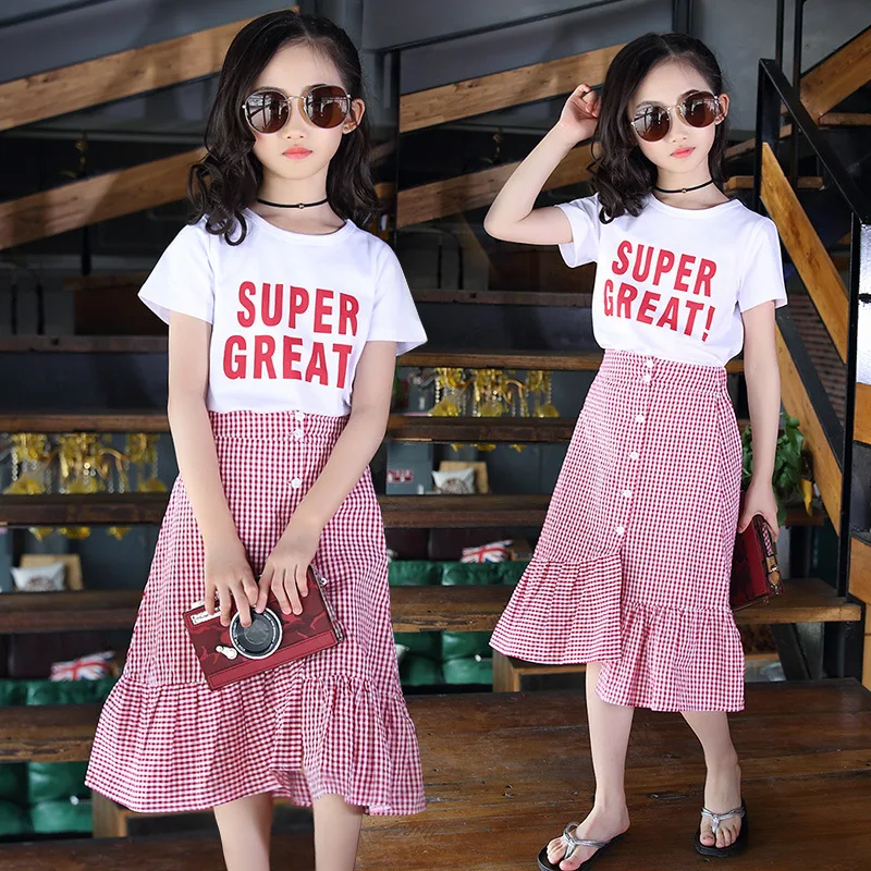 

2024 summer Clothes Kids Girls Fashion Outfit Children Cotton short Letter T shirt + Split Plaid Skirts 5 6 7 8 9 10 11 12 year