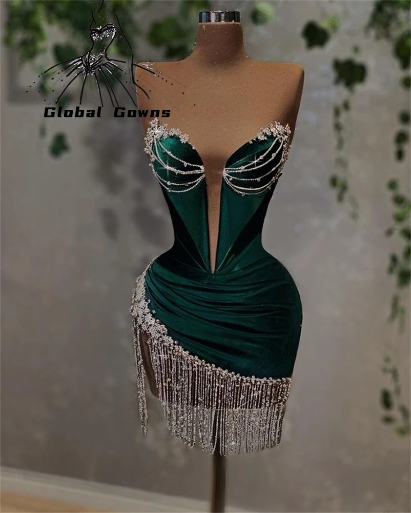 Vestido corto de terciopelo verde para niña, minivestido Sexy de fiesta de cumpleaños con borlas de diamantes, con cuentas, color negro, 2023