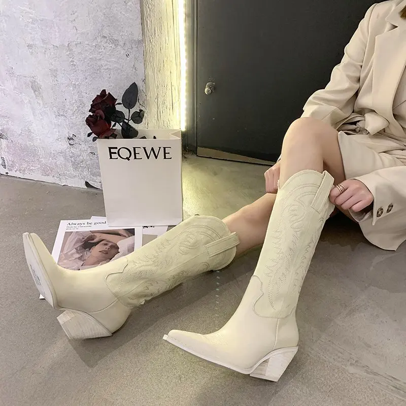 Fashion Embossed Microfiber Leather Women Boots Pointed Toe Western Cowboy Boots Women Knee-High Boots Chunky Wedges Boots Women