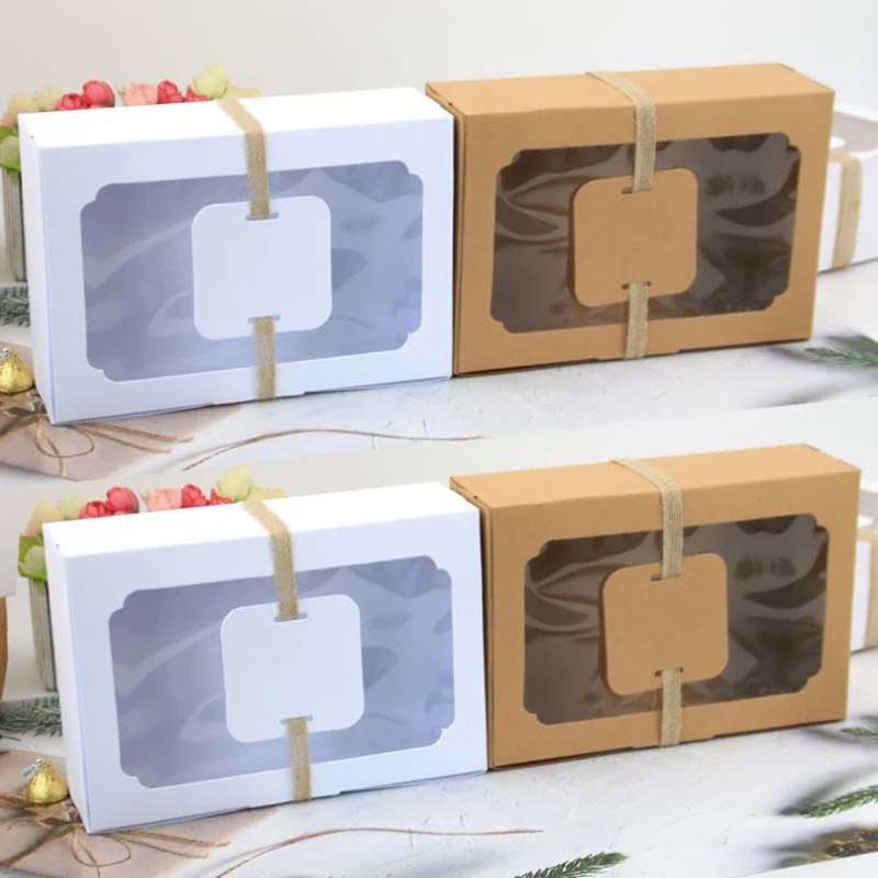 3/6/9/12pcs Kraft Paper Candy Box Gift Box PVC Clear Window DIY Cookies Box Christmas New Year Wedding Party Decoration Navidad