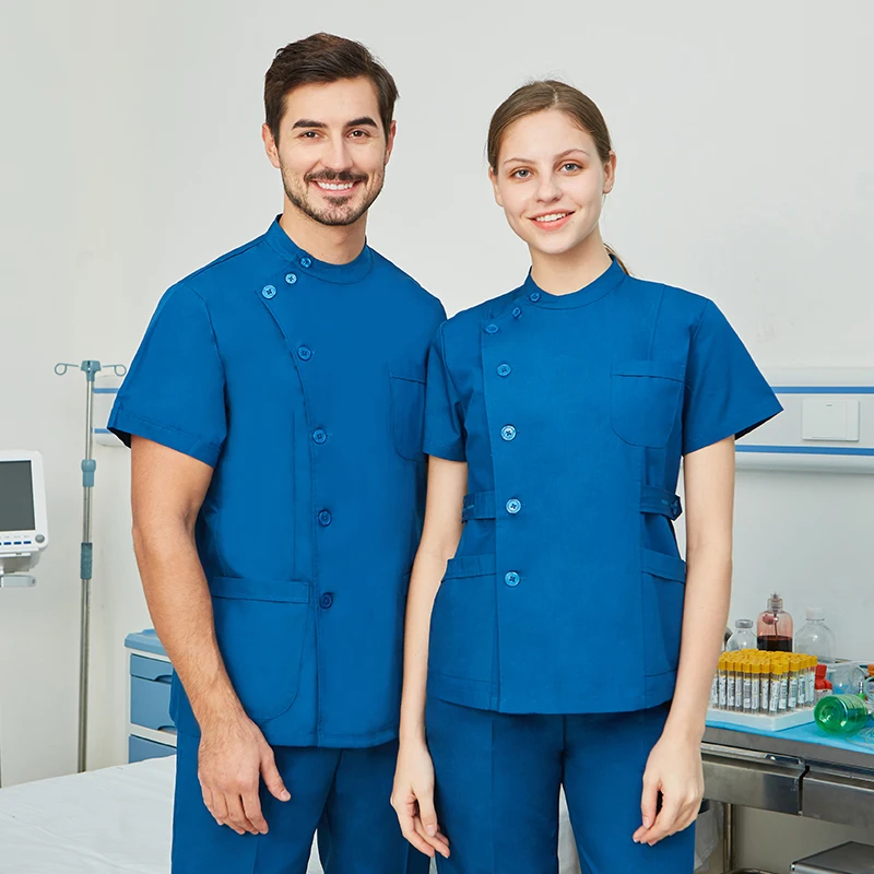 Blouses de liquidation uniformes de soins infirmiers pour femmes et hommes, ensemble haut et pantalon, popeline blanche bleu marine, tissu fin, Petite taille ou vêtements de travail