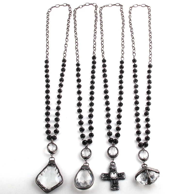 Fashion Bohemian Jewelry Black Gun Plated Chain Black Glass Rosary Chain Pendant Cross Necklaces