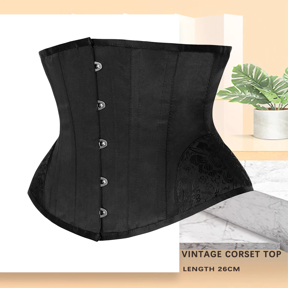 5-Knopf Vintage Unterbrustkorsett für Damen, Taillenformer mit 14 Stahlstäben, Kurze Korsetts mit Rückenstütze für eine Schlanke Taille – Detail 5