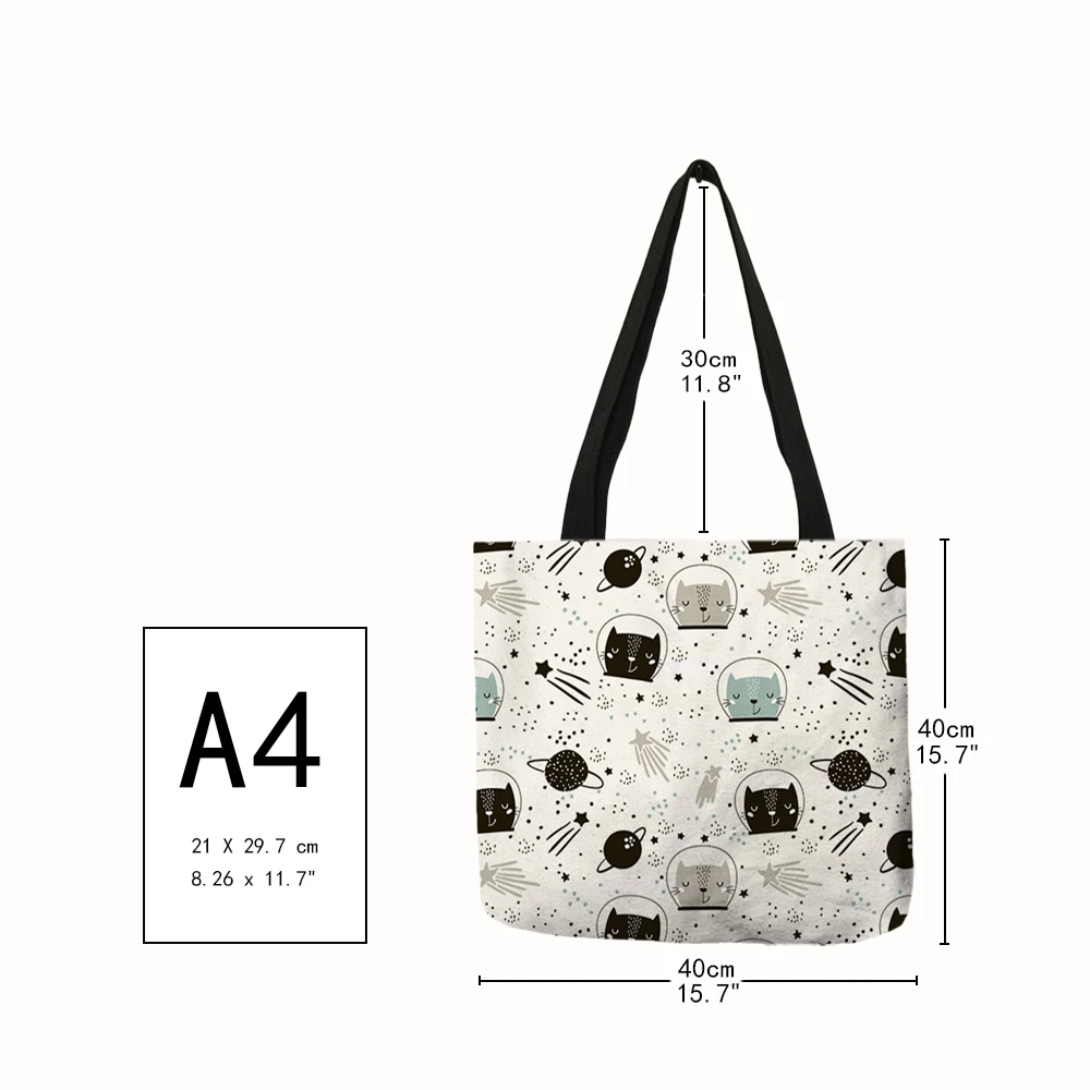 Cartoon Cat Kitten Collage Pattern Design Lady Girls Handbag Linen Durable Outdoor Shoulder Bags Casual Multi Function Tote Bags