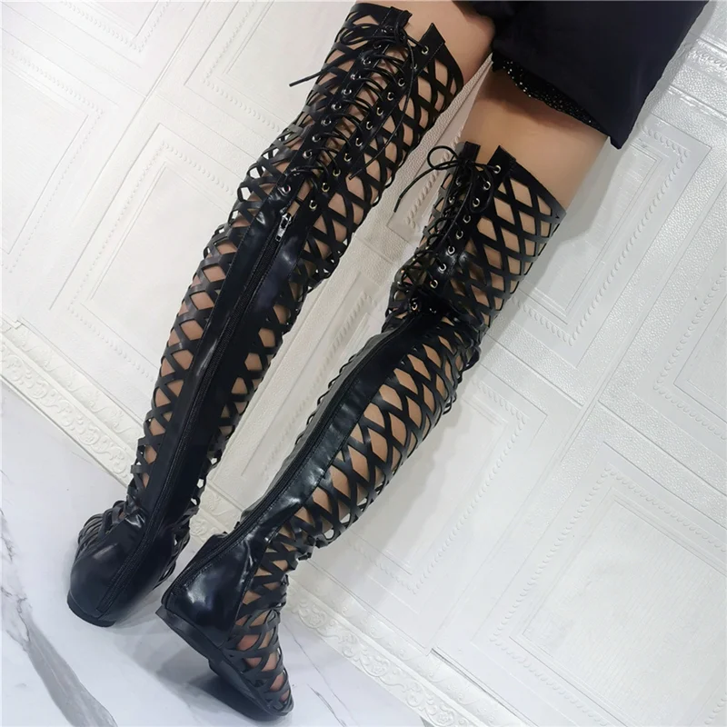 Roman Shoes Black Gladiator Boots Hollow Out Summer Women Over Knee High Boots Flat Heel Sandal Back Zip Lace Up Big Size 47