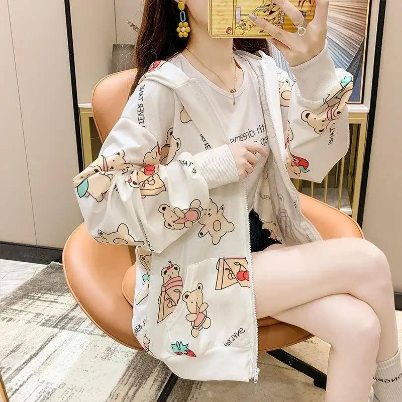 Phong Cách Mới Hàn Quốc Rời Áo Len Nữ Xuân Thu Dài Tay Áo Có Mũ Mỏng Áo Khoác Triều Khoác Hoodie