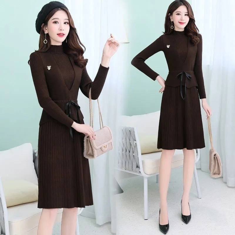 New Fashion Autumn Winter Women Long Sweater Dress Pullovers Warm Knitted Pullover Dresses + Sweaters Vest Two Pieces Set