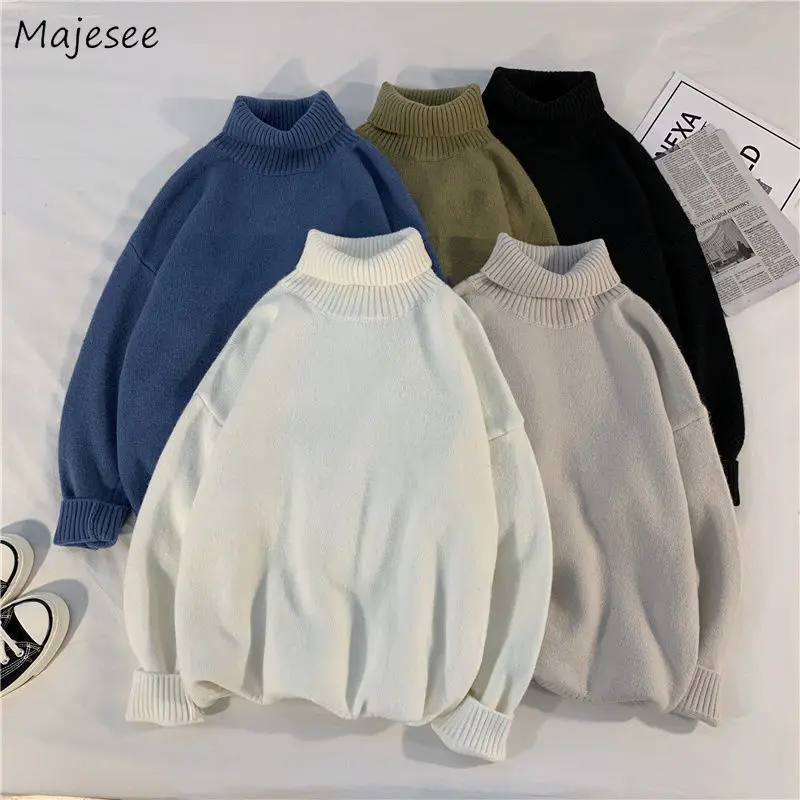 

Large Size Pullovers Men Solid M-3XL Loose Unisex Couple Knitted Turtleneck Soft Teenagers Fashion Korean Style Males Sweaters