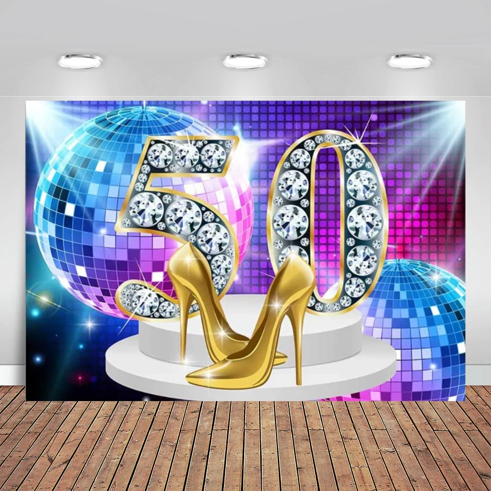 

50th Birthday Party Backdrop Retro Disco Theme 70s Throwback 1970s Women Diamonds Shiny Gold High Heels Photography Background