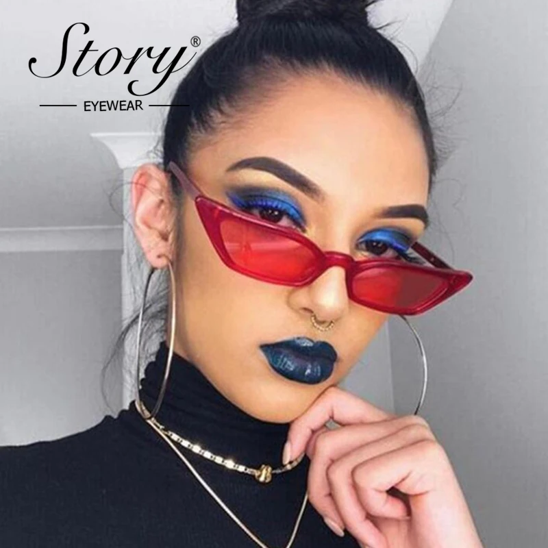 STORY 2018 Retro Small Red Cat Eye Sunglasses Fashion Skinny Frame Clear Red Lens Sun Glass Black Leopard Shades 90S Sunglasses