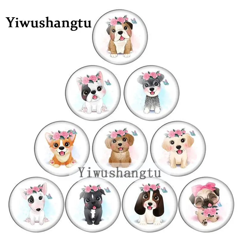 

Cute dog Head wearing a flower painting 10mm/12mm/18mm/20mm Round photo glass cabochon demo flat back Making findings ZB0543