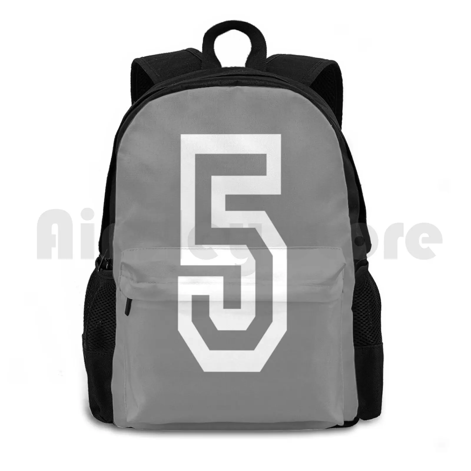 Number 5. Five , Team , Sports , Fifth , 5th. Competition , White On Grey. Outdoor Hiking Backpack Waterproof Camping Travel