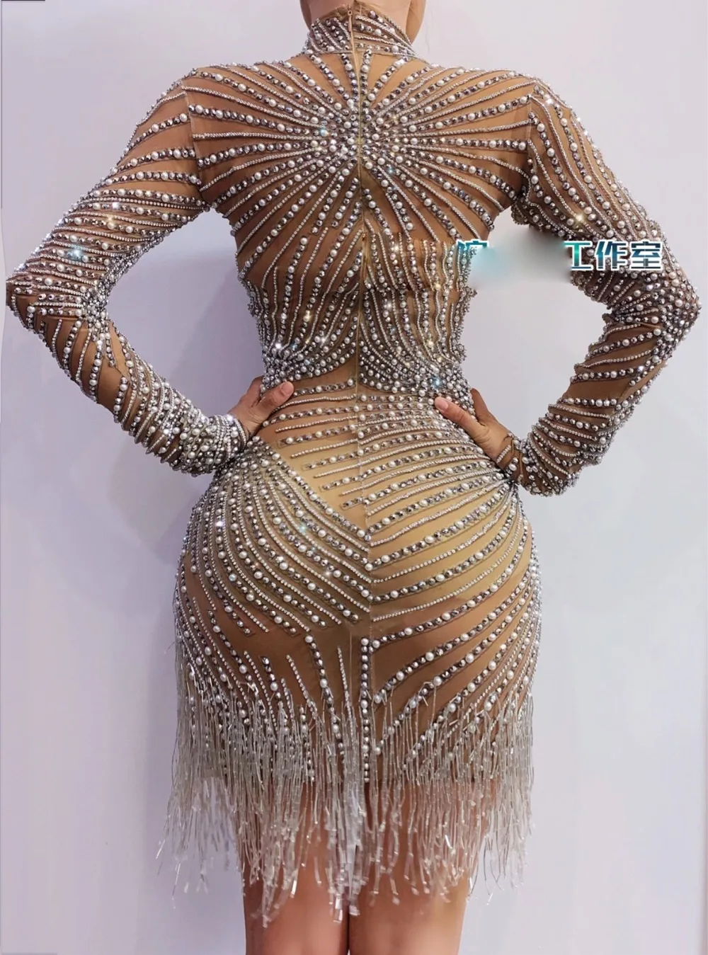 Women sexy costume sparkly diamond Pearl dress dance nude Fringe long sleeve Tightshort dress customes