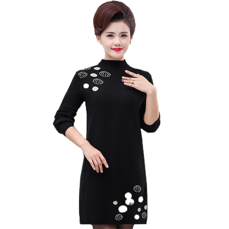 

2022 New Polka Dot Sweater Dress Spring Fall Women's Clothing Pullover Bottoming Shirt Middle-aged Women Round Neck Knit Dresses