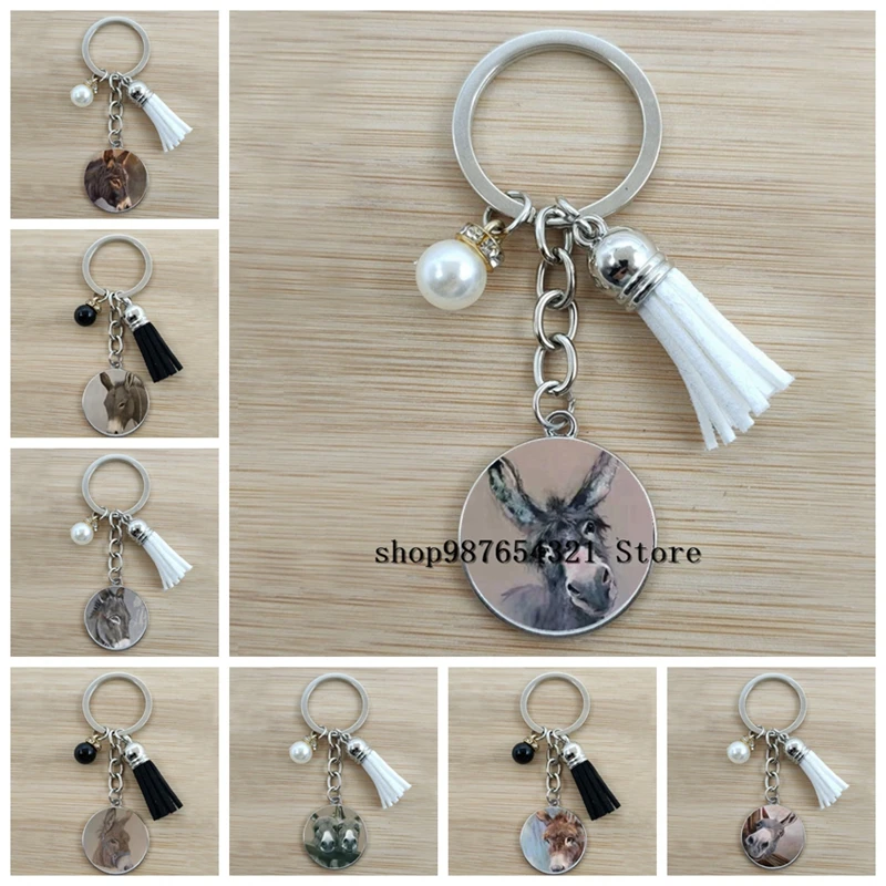 

New animal donkey head keychain glass cabochon tassel charm keychain, car bag pendant jewelry