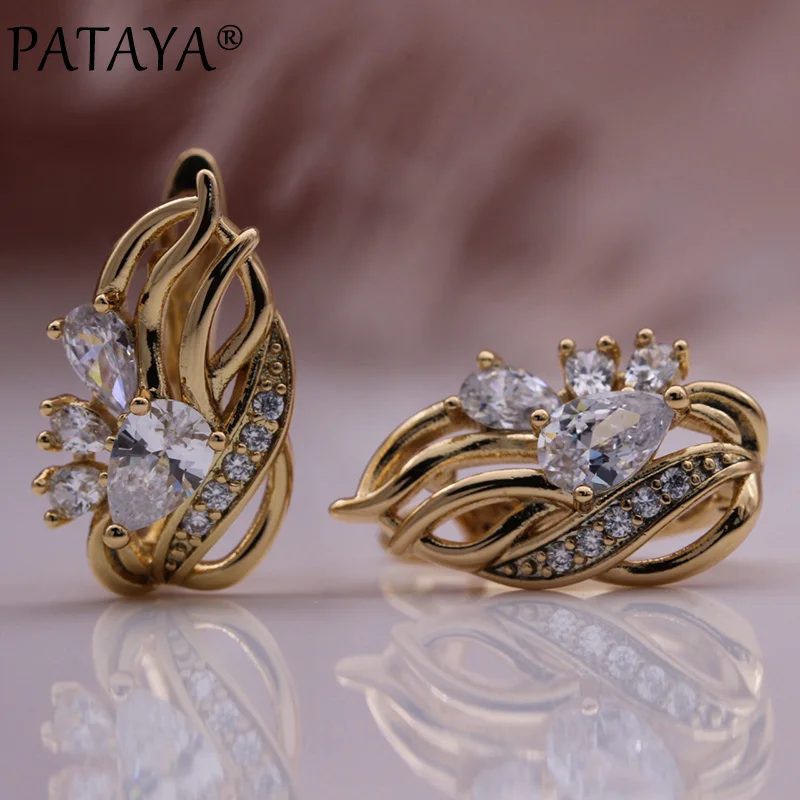 PATAYA New Trend Women Hollow Earrings Blue Water Drop Natural Zircon Earrings 585 Rose Gold Color Wedding Fashion Jewelry