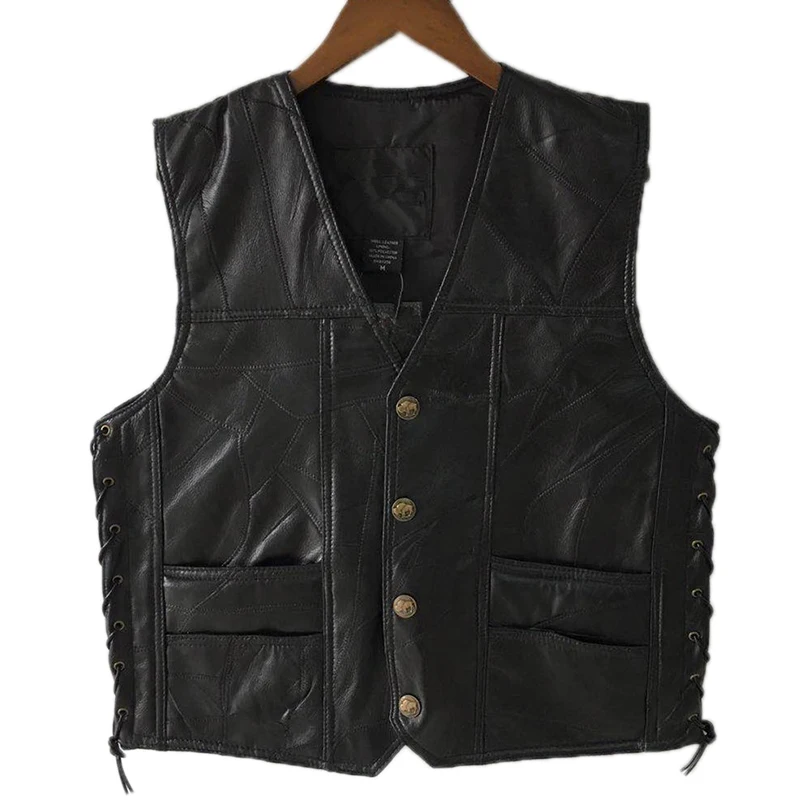 

Punk Black Leather Vest For Men Genuine Leather Biker Vest Lace Button Autumn Sleeveless Jacket For Men