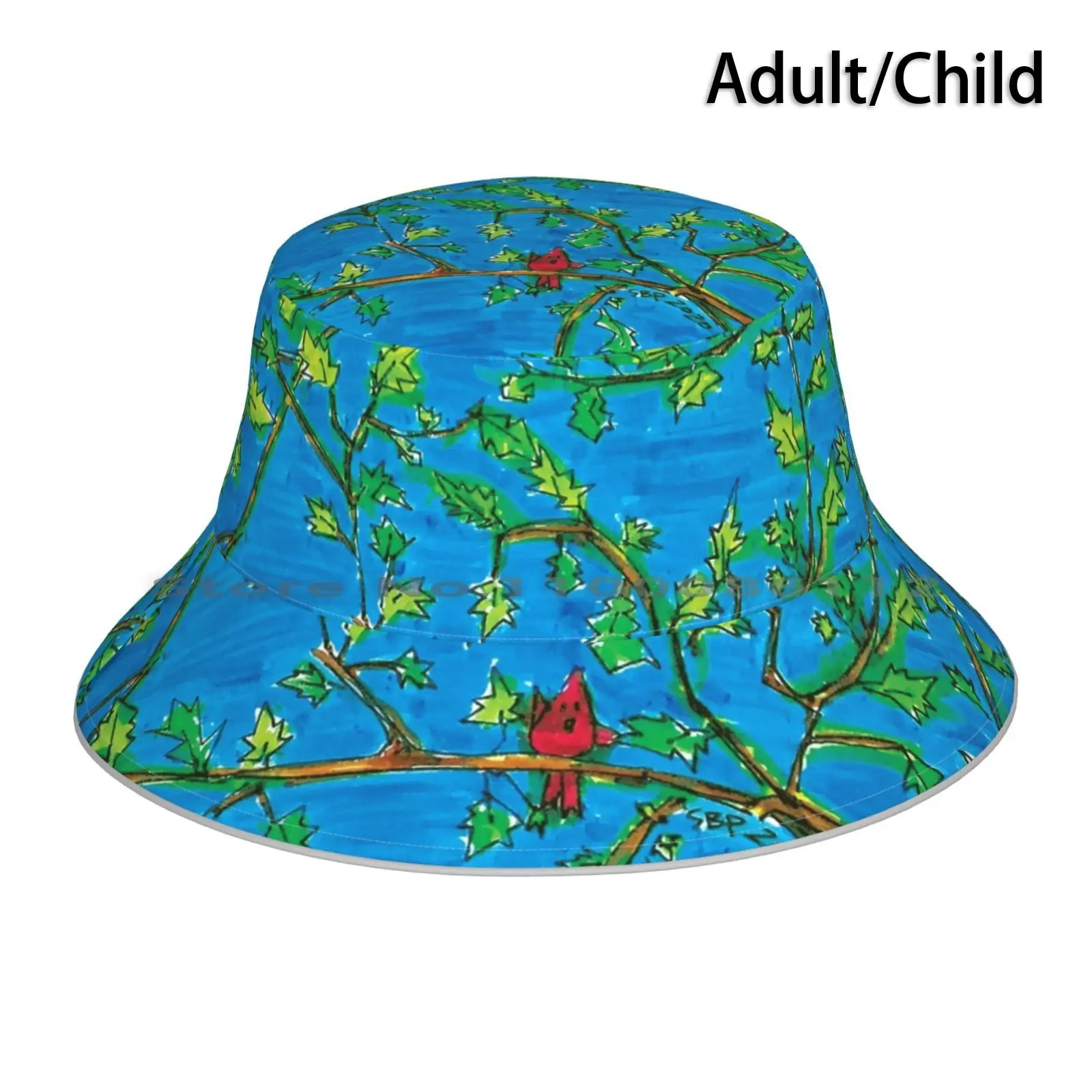 Red Bird In Summer Leaves Bucket Hat Sun Cap Seth Bond Perry Sbp Sethbondperry Maine Artist Peace Love Nature Tree Sky Bird Red