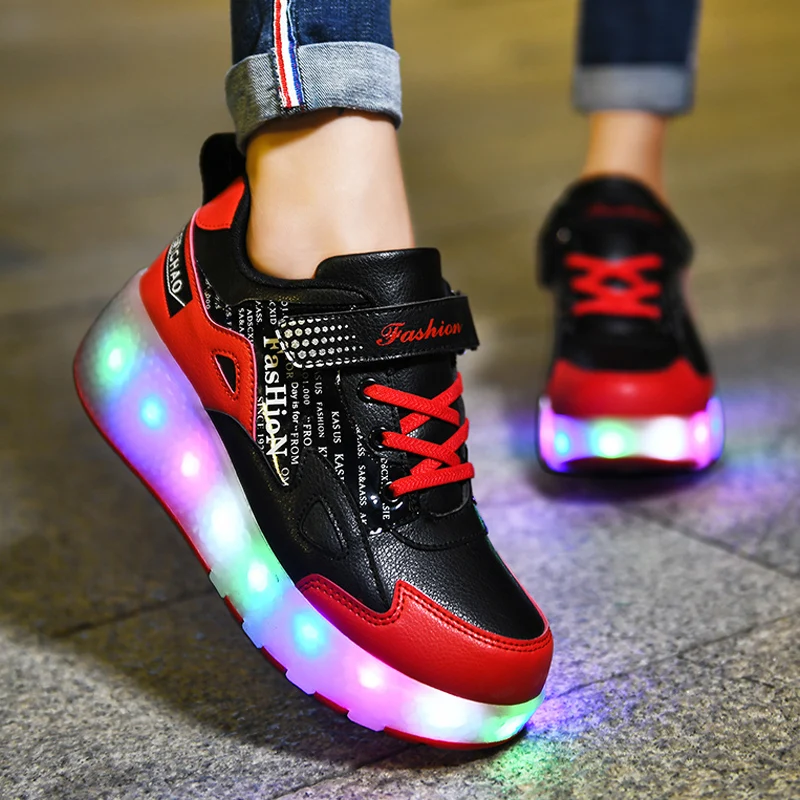 Roller Skate Shoes For Children Girl Kid Boys Led Sneakers 2 Wheels Fashion Casual Sports Pink Leather Light Luminous Boots