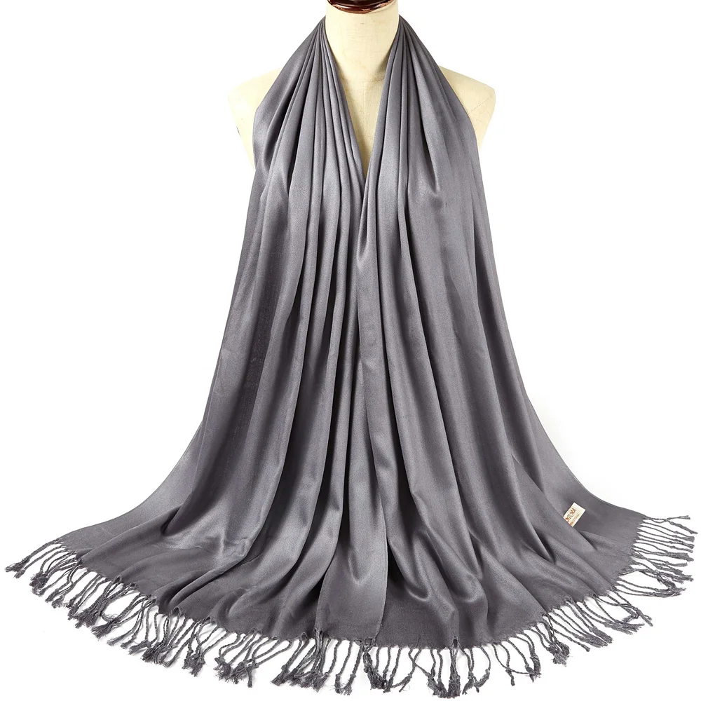 

Plain Silk Pashmina Shawl Shine Scarf With Fringe For Women Evening Dress Every Day Winter Autumn Soft Large 70*200cm