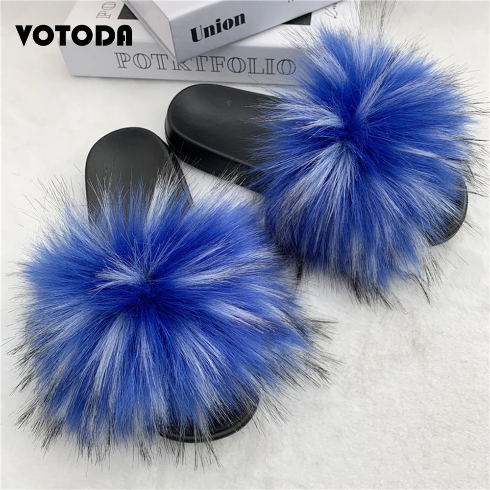 New Fluffy Faux Fur Slides Women Fur Slippers Furry Raccoon Sandals Faux Fox Fur Flip Flops Home Soft Woman Casual Plush Shoes