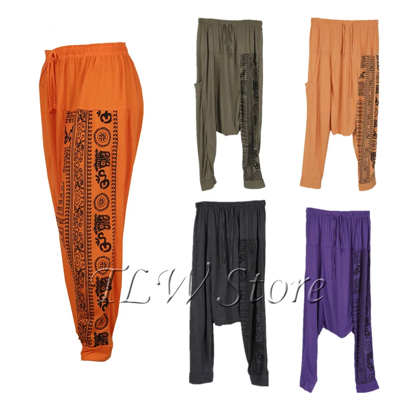 Capris Vintage Loose Baggy Boho Gypsy Aladdin Pants Yoga Prints Thai Hill Tribe Men's  Harem Pants Ankle Straps Medieval pants