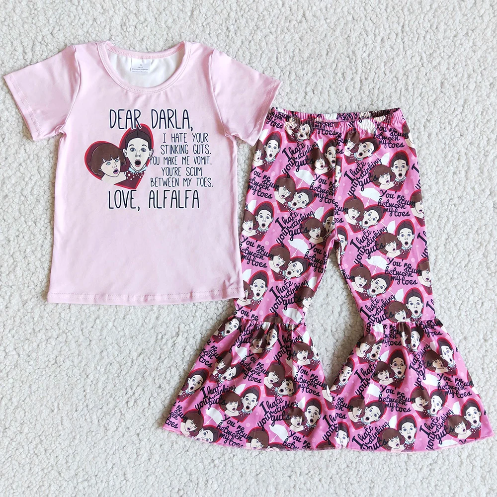 

Toddler Baby Girls Designer Clothes Valentine's Day Love Heart Girls Clothing Pink Ruffle Tops+Flare Bell Pants Sets Wholesale