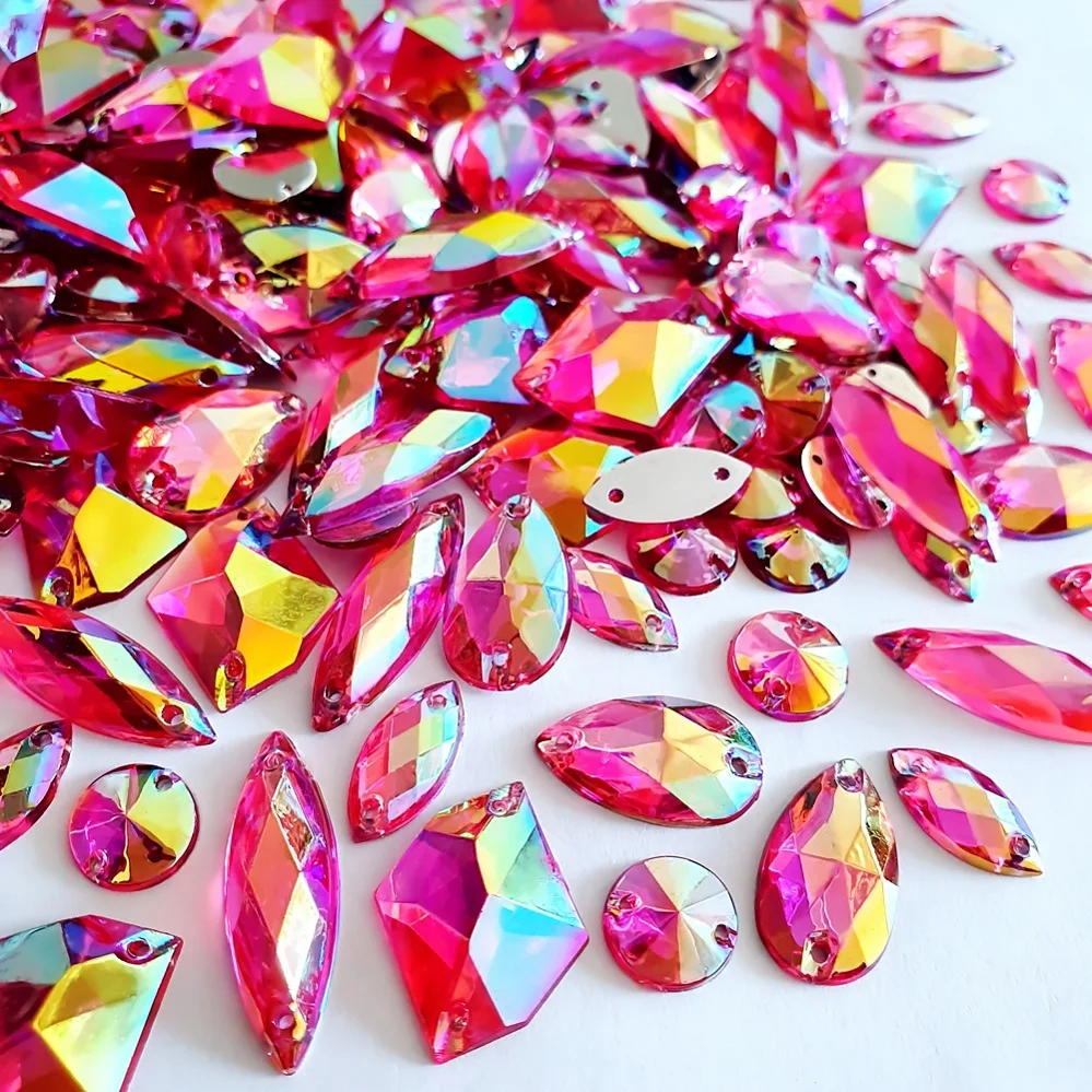 210Pcs Acrylic Fuchsia Pink AB Sew on Decorative Ornamental Gems Stones Crystals Rhinestones For Designer Diy Handicraft Charms