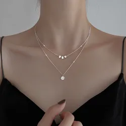 Real 925 Sterling Silver Good Luck Double-layer Round Bead Pendant Necklace Simple Fashion Female Clavicle Chain Jewelry Gift