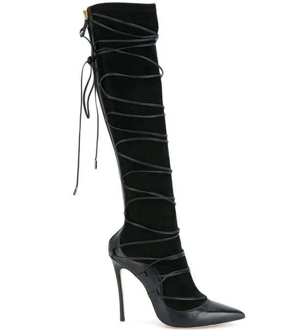 

Chic Ladies Crossed Lace up Patchwork Socks Boots Thin High Heels Knee Boots Female Back Zipper Pointed toe Long Boots