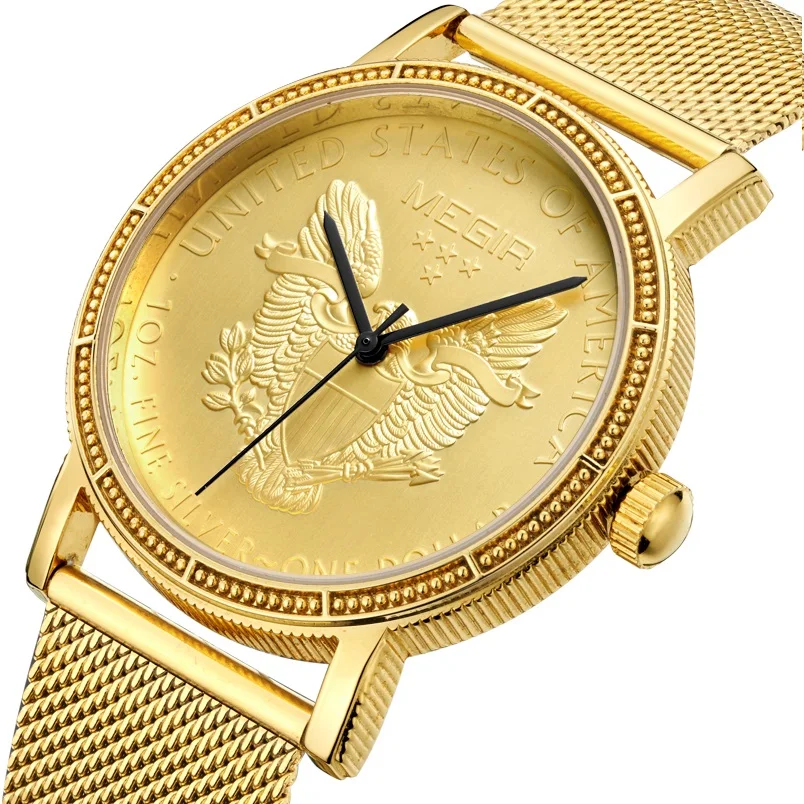 

Megir Mens Fashion Gold Quartz Wrist Watches Round Dial Stainless Steel Strap Formal Dress Wristwatch for Man American Eagle