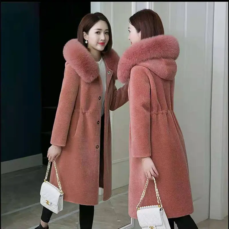 High Quality Granule Sheep Shearing Fur Coat Women 2024 New Wool Hooded Haining Fur Fox Fur Coat Blended Wool Jackets Female 796