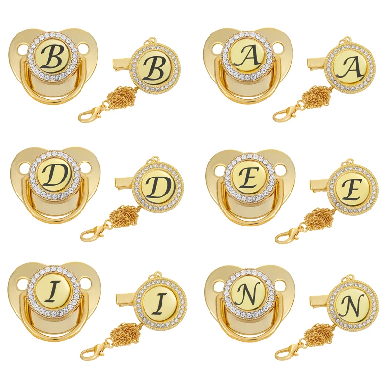 Baby Pacifier Clips Chain 26 Name Initial Letters BPA Free Silicone Infant Nipple Baby Shower Gifts Gold Bling Newborn Dummy